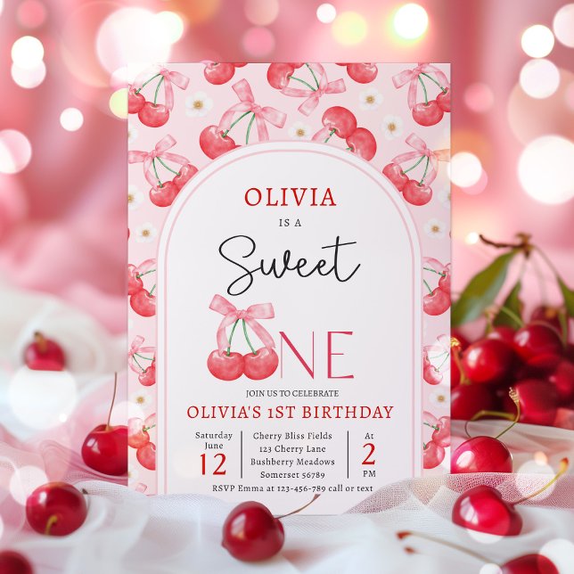 Cherry 1. Geburtstag Party Coquette Cherry Geburts Einladung (Von Creator hochgeladen)