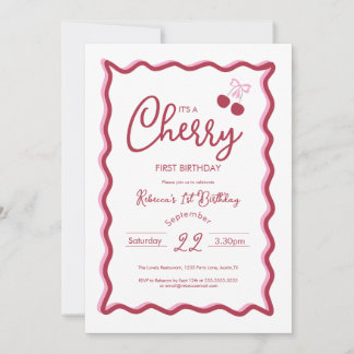 Cherry 1. Geburtstag Pink Bow Coquette Einladung
