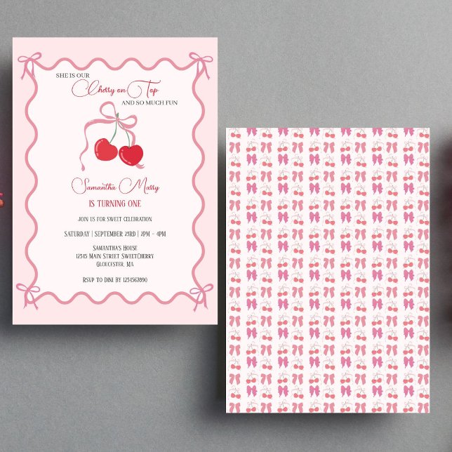 Cherry am Top Pink Bow 1. Geburtstag Einladung (Invitations)