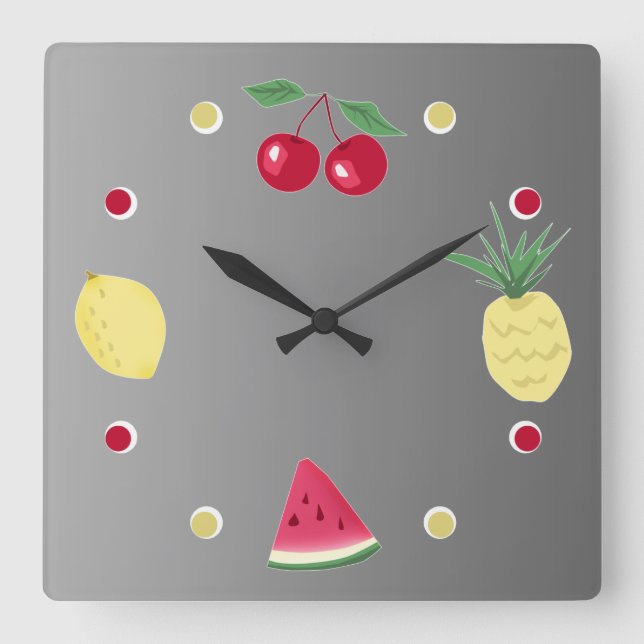 Cherry, Ananas, Zitrone und Wassermelone, groß Quadratische Wanduhr (Vorderseite)