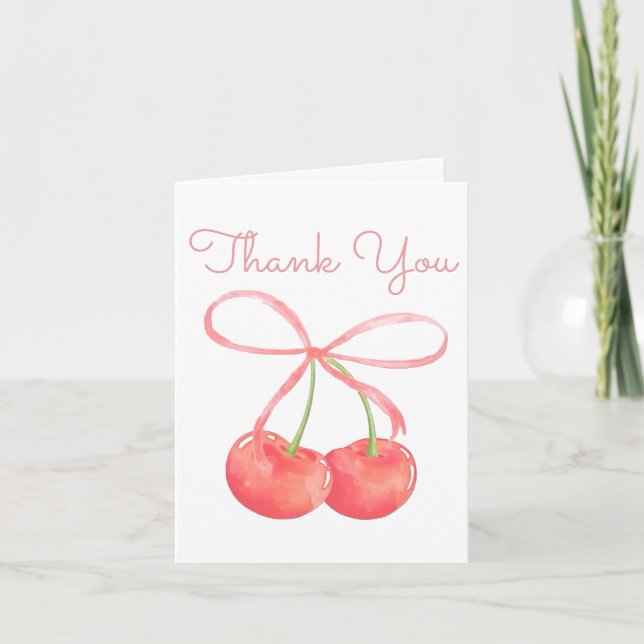 Cherry and Pink Ribbon Watercolor Girl Baby Dusche Dankeskarte (Vorderseite)