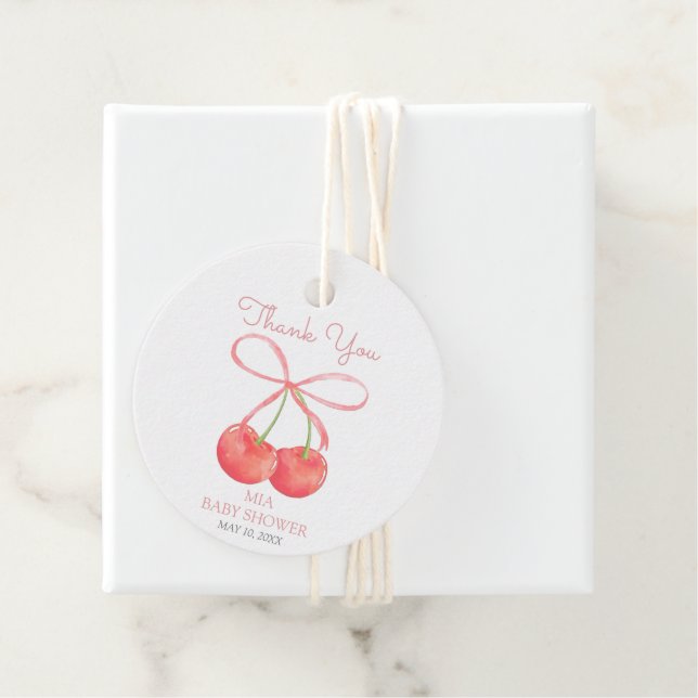 Cherry and Pink Ribbon Watercolor Girl Baby Dusche Geschenkanhänger (Beispiel)
