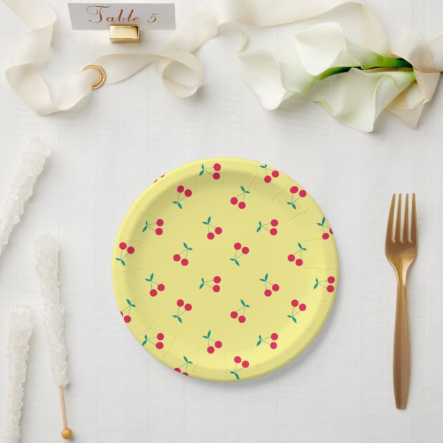 Cherry Ästhetische Kirschen Muster gelb Pappteller (Hochzeit)