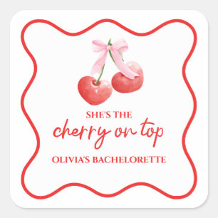Cherry auf dem rosa Bow Bachelorette Quadratischer Aufkleber