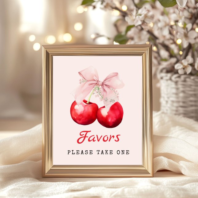 Cherry auf den Top Pink Bow Baby Duwer Favoriten Poster (Cherry on Top Pink Bow Baby Shower Favors Please take One Poster)
