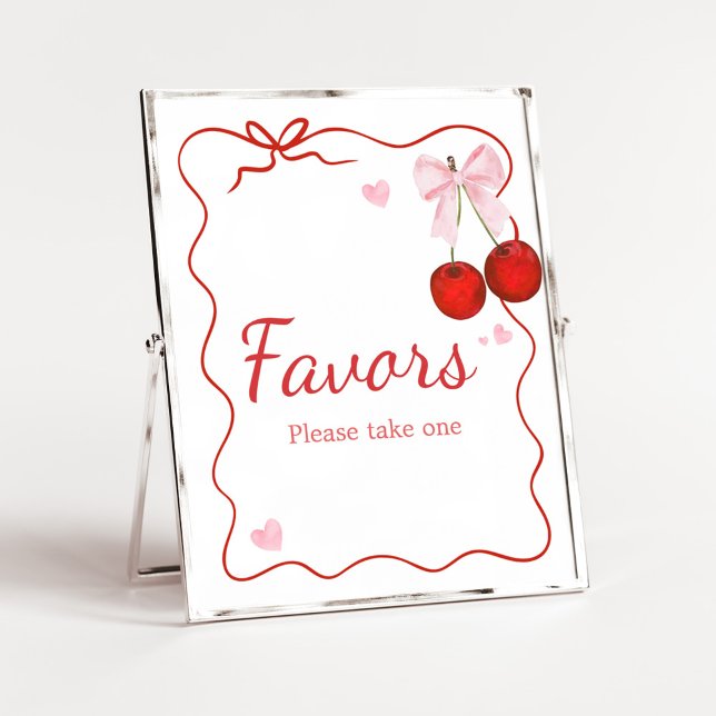 Cherry auf den Top Pink Bow Baby Duwer Favoriten Poster (Cherry on Top Baby Shower Favors Sign)