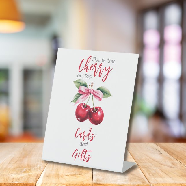 Cherry auf den Top Pink Bow Girl Babyduschkarten Sockelschild (Von Creator hochgeladen)