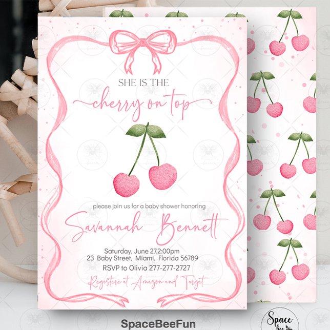 Cherry auf der Babydusche Einladung (Cherry Baby Shower Invitation, Bow Baby Shower Invite, Baby Girl Shower Invitation, Digital Baby Sho)