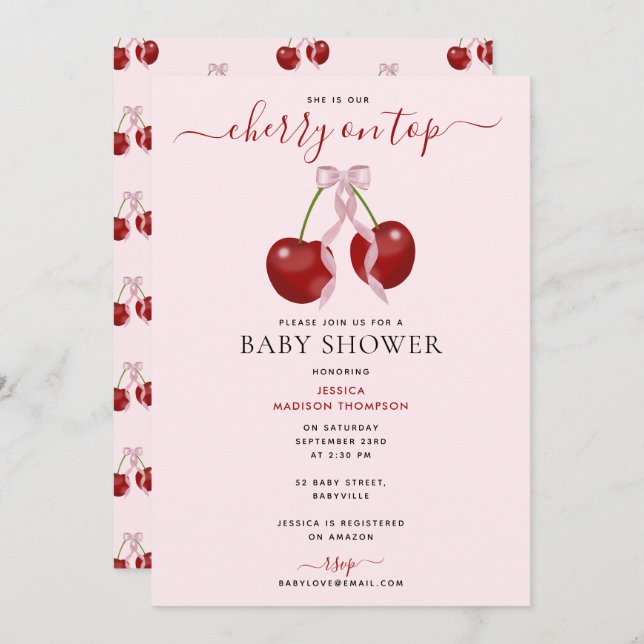 Cherry auf der neuesten Babydusche Pink Bow Girl Einladung (Vorne/Hinten)