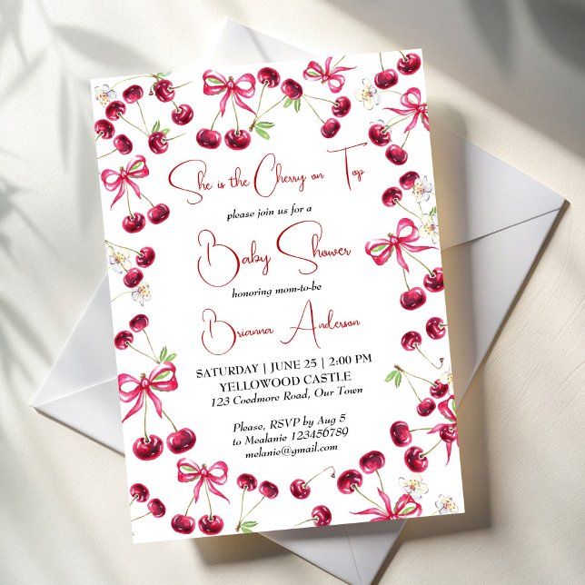 Cherry auf der oberen Band Coquette Babydusche Einladung (Cherry on top ribbon coquette baby shower invitation template summer fruit berry baby shower invite)