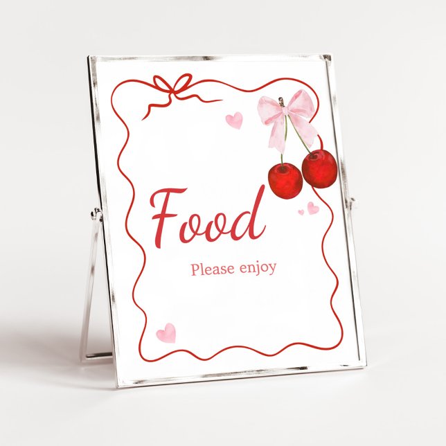Cherry auf der Oberseite Pink Bow Baby Dusche Nahr Poster (Cherry on Top Baby Shower Food Sign)