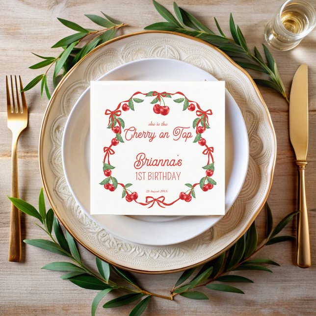 Cherry auf der obersten Schleife whimsical Geburts Serviette (Cherry on top red ribbon whimsical birthday monogrammed printed  napkins personalized party decor)