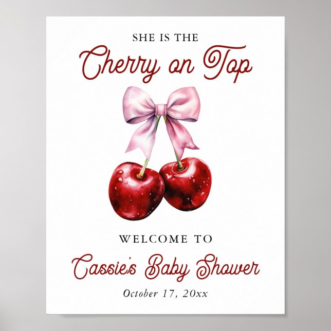 Cherry auf der rosa Bow Baby Dusche Begrüßungszeic Poster (Vorne)