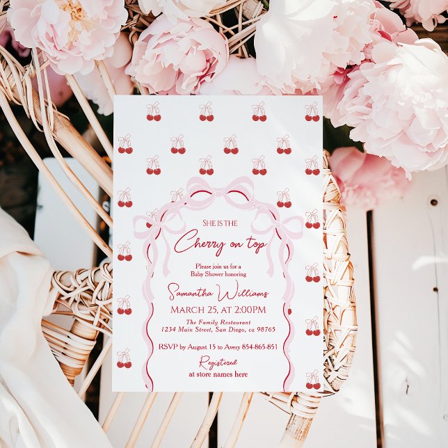 Cherry auf der rosa Bow Red Baby Girl Dusche Einladung (Von Creator hochgeladen)