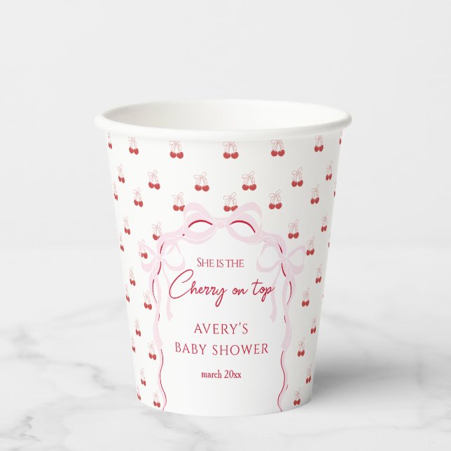 Cherry auf der rosa Bow Red Baby Girl Dusche Pappbecher (Vorderseite)