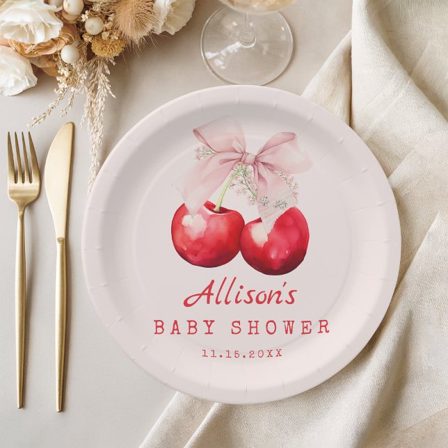 Cherry auf der Spitze Baby Shower Girl Red und Pin Pappteller (Cherry on top Baby Shower Girl Red and Pink paper plate)