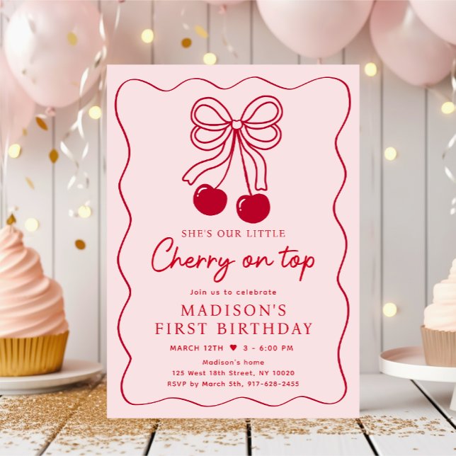 Cherry auf der Spitze rosa Bow Geburtstag Einladung (Von Creator hochgeladen)