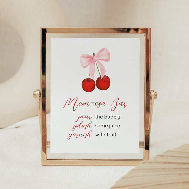 Cherry auf der Top Baby Dusche Mama Osa Bar Poster (Cherry on Top Pink Bow Baby Shower Mom Osa Bar Sign)