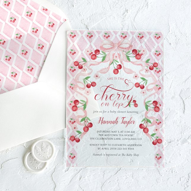 Cherry auf der Top Pink Bow Baby Dusche Acryleinladungen (Von Creator hochgeladen)