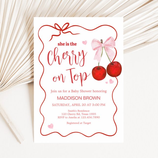 Cherry auf der Top Pink Bow Baby Dusche Einladung (Cherry on Top Baby Shower Invitation)