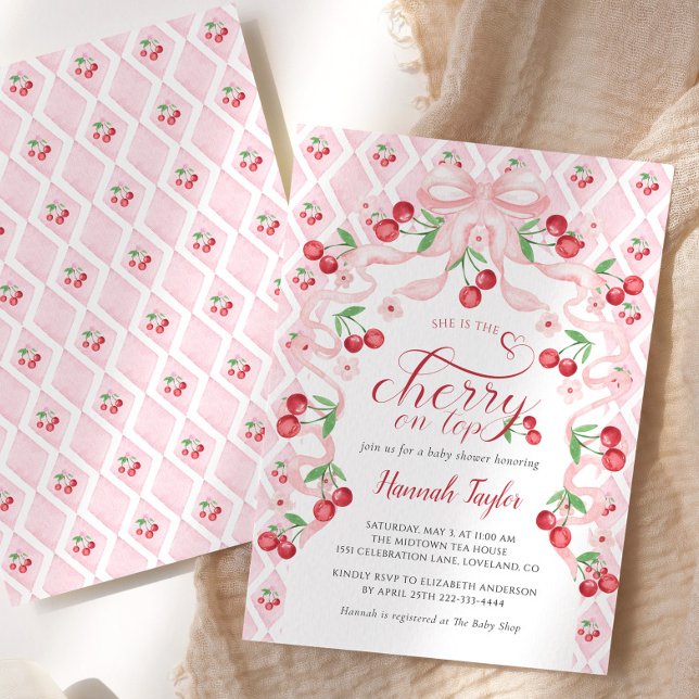 Cherry auf der Top Pink Bow Baby Dusche Einladung (Von Creator hochgeladen)