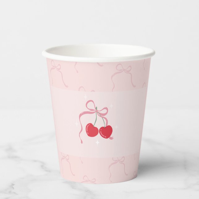 Cherry auf der Top Pink Bow Baby Dusche Pappbecher (Vorderseite)