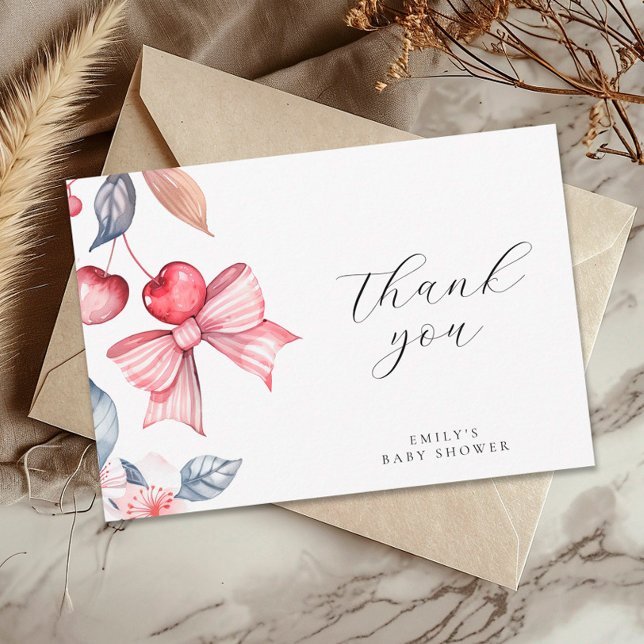 Cherry auf der Top Pink Bow Coquette Babydusche Dankeskarte (Von Creator hochgeladen)