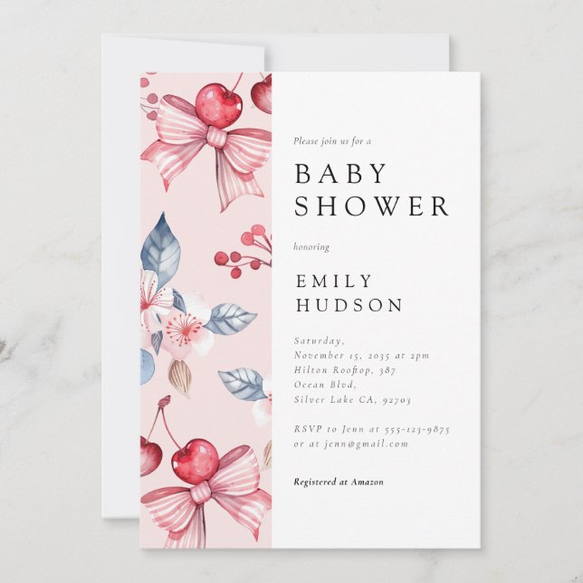 Cherry auf der Top Pink Bow Coquette Babydusche Einladung (Vorderseite)