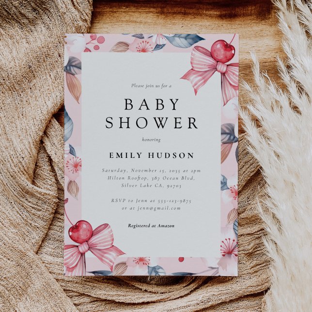 Cherry auf der Top Pink Bow Coquette Babydusche Einladung (Von Creator hochgeladen)
