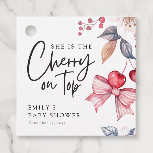 Cherry auf der Top Pink Bow Coquette Babydusche Geschenkanhänger (Vorderseite)