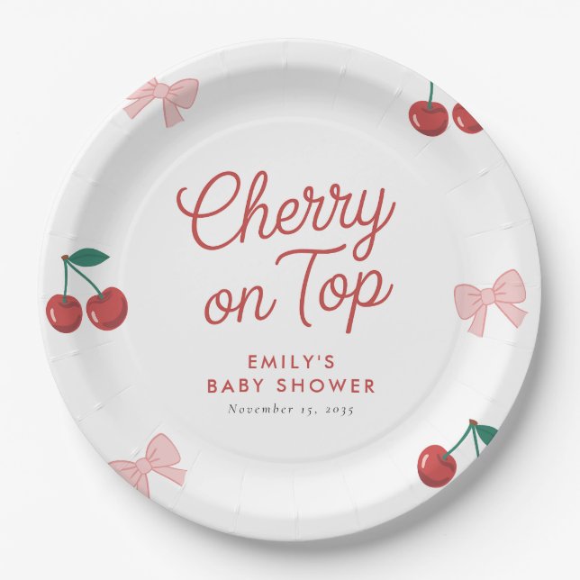 Cherry auf der Top Pink Bow Coquette Babydusche Pappteller (Vorderseite)