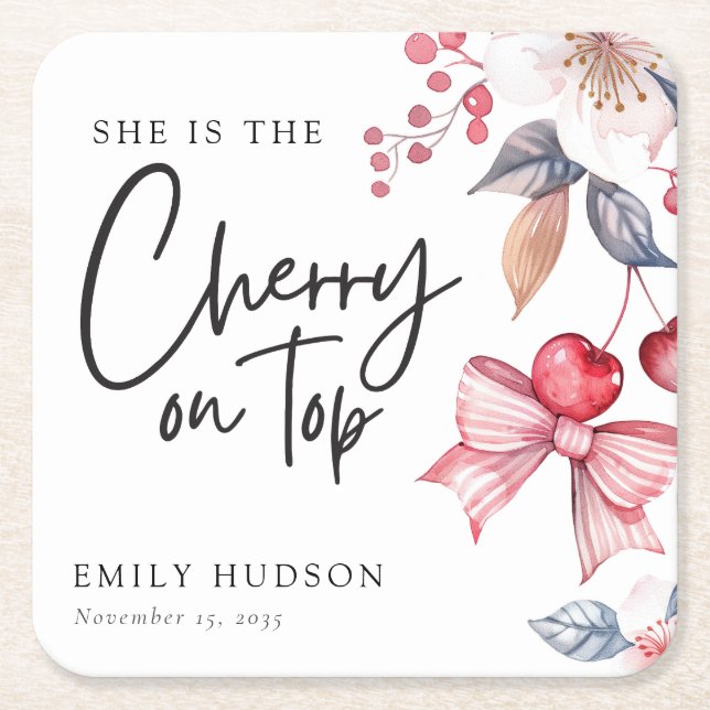 Cherry auf der Top Pink Bow Coquette Babydusche Rechteckiger Pappuntersetzer (Vorderseite)