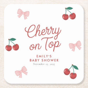 Cherry auf der Top Pink Bow Coquette Babydusche Rechteckiger Pappuntersetzer