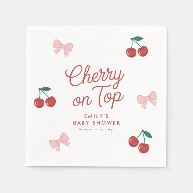 Cherry auf der Top Pink Bow Coquette Babydusche Serviette (Vorderseite)