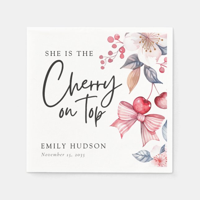 Cherry auf der Top Pink Bow Coquette Babydusche Serviette (Vorderseite)