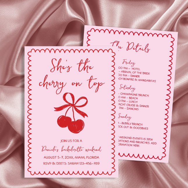 Cherry auf oben roter Hand gezeichnet Bachelorette Einladung (Cherry On Top Red Hand Drawn Bachelorette Weekend Invitation)