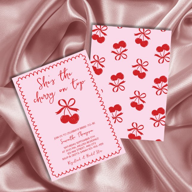 Cherry auf rosa und rotes Brautparty Einladung (Cherry On Top Pink & Red Hand Drawn Bridal Shower Invitation)