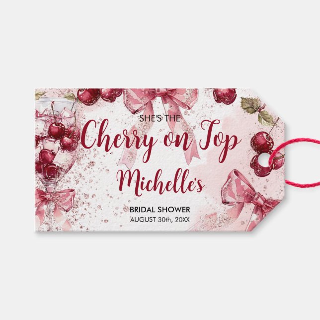 Cherry auf Top Bow Cocktail Summer Brautparty Geschenkanhänger (Vorderseite (Horizontal))