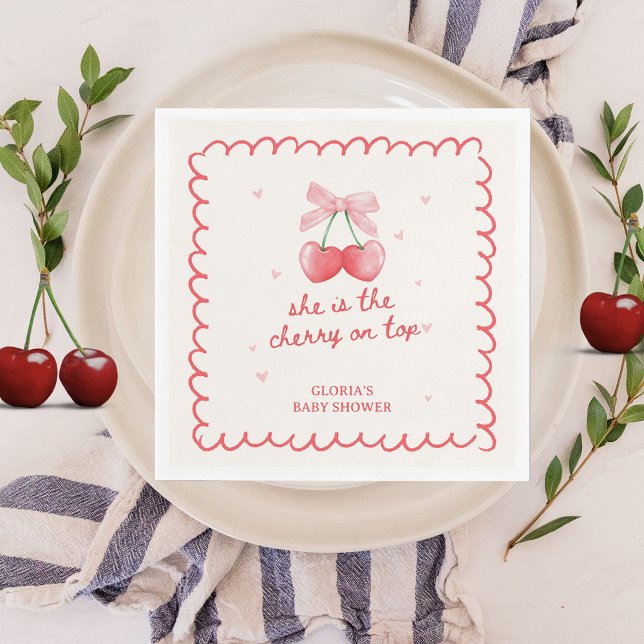 Cherry auf Top Coquette Bow Girl's Baby Shower Serviette (She is the cherry on top Baby Shower Personalized Napkins 
Decoration)