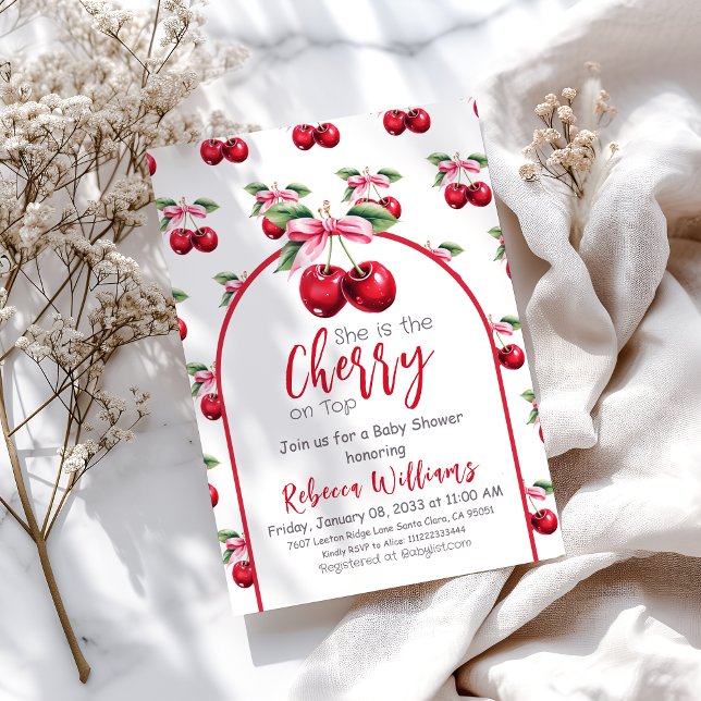 Cherry auf Top Coquette Pink Bow Girl Babydusche Einladung (Von Creator hochgeladen)