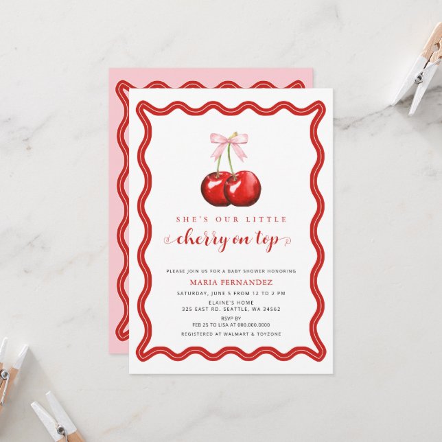Cherry auf Top Coquette Pink Bow Girl Babydusche Einladung (Vorderseite/Rückseite Beispiel)