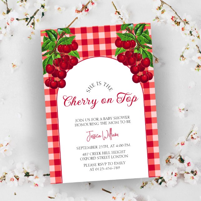 Cherry auf Top Fall Gingham Kariert Baby Shower Einladung (Von Creator hochgeladen)