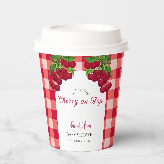 Cherry auf Top Fall Gingham Kariert Baby Shower Pappbecher (Vorderseite)