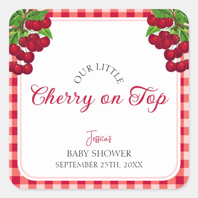 Cherry auf Top Fall Gingham Kariert Baby Shower Quadratischer Aufkleber (Vorderseite)