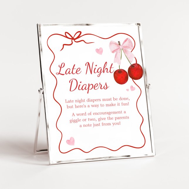 Cherry auf Top Pink Bow Baby Late Night Diapers Poster (Cherry on Top Baby Shower Late Night Diapers Sign)