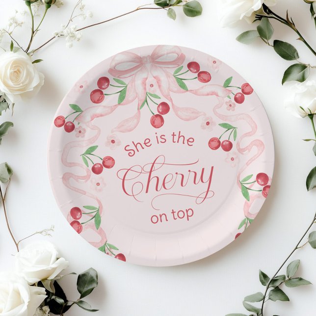 Cherry auf Top Pink Bow Coquette Baby Dusche Pappteller (Von Creator hochgeladen)