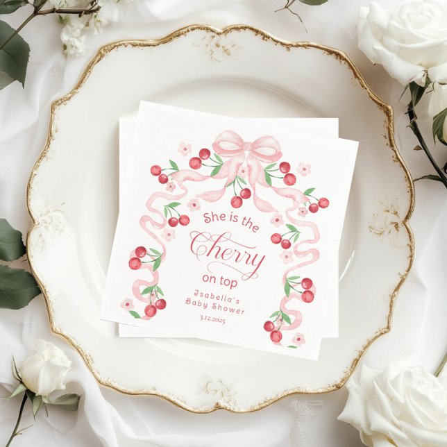 Cherry auf Top Pink Bow Coquette Baby Dusche Serviette (Von Creator hochgeladen)