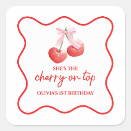 Cherry auf Top Pink Bow Geburtstag Quadratischer Aufkleber