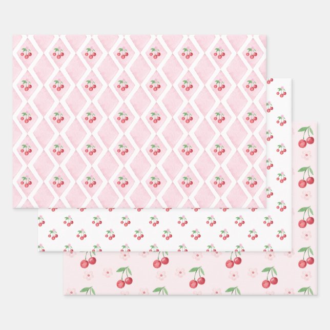 Cherry auf Top Pink Wasserfarbe Coquette Babydusch Geschenkpapier Set (Set)