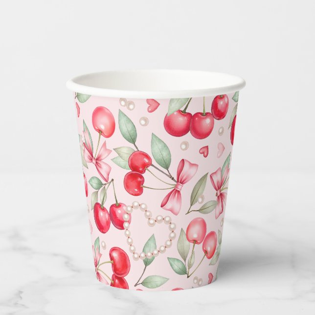 Cherry Baby Dusche Pink Bow & Pearl Paper Cup Pappbecher (Vorderseite)